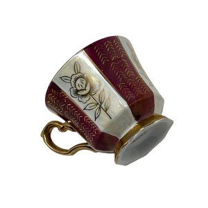 Vintage Beautifully Detailed Tea Cup in‎ Burgundy & Off White - Rose Design